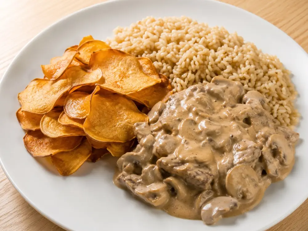 Strogonoff de carne com champignon, arroz e chips de batata-doce