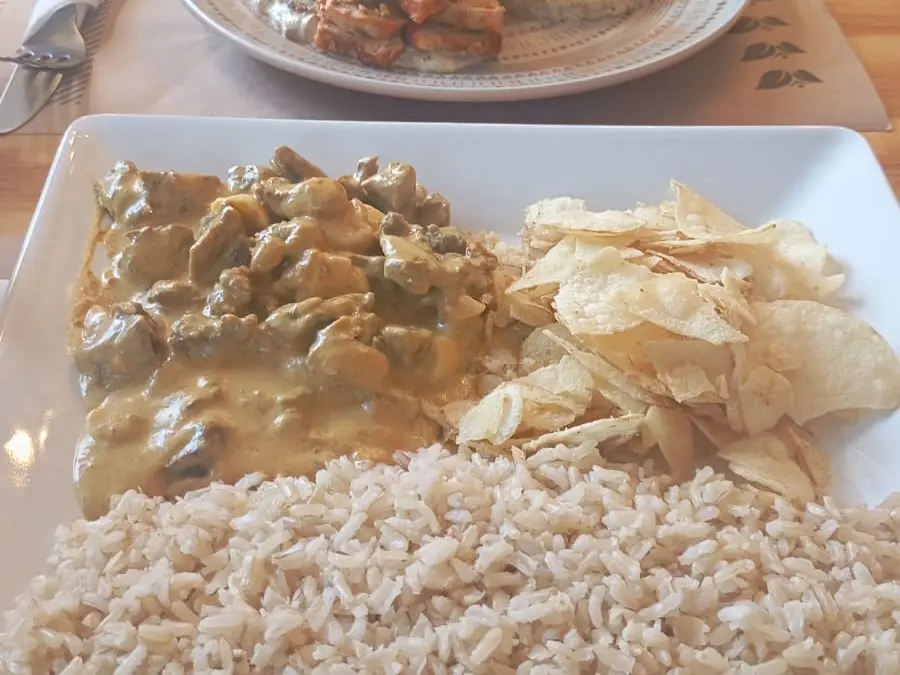 Strogonoff de frango com arroz e batata chips no prato